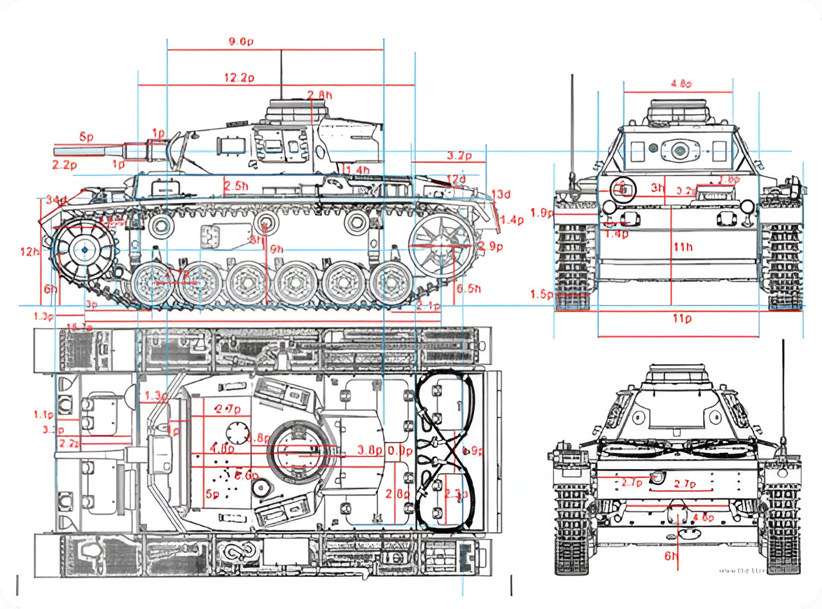 Technical blueprint drawings of a tank used to design a brick model